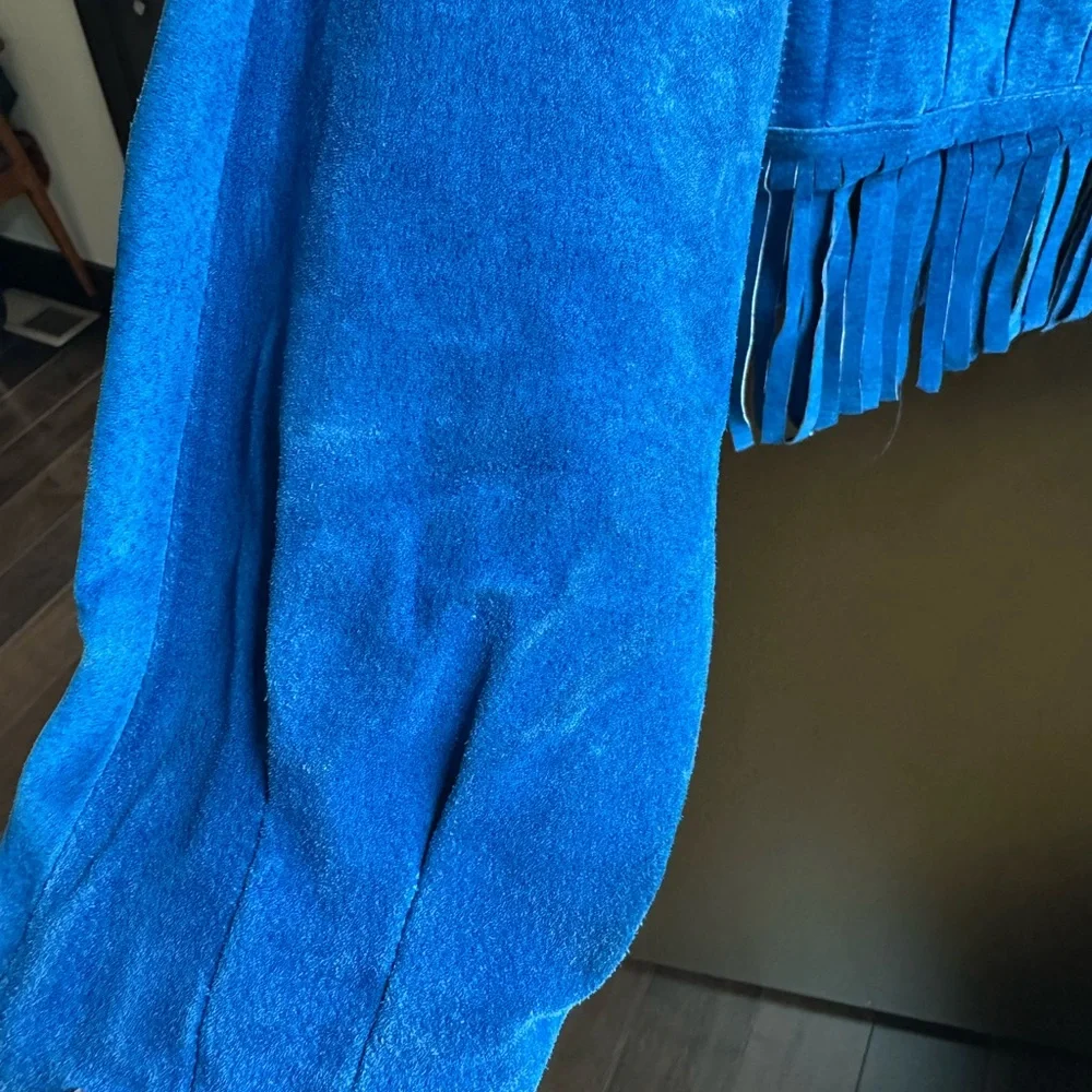 Vintage Blue Suede Fringe Cropped Jacket Western Boho Cowgirl M - Picture 6 of 9
